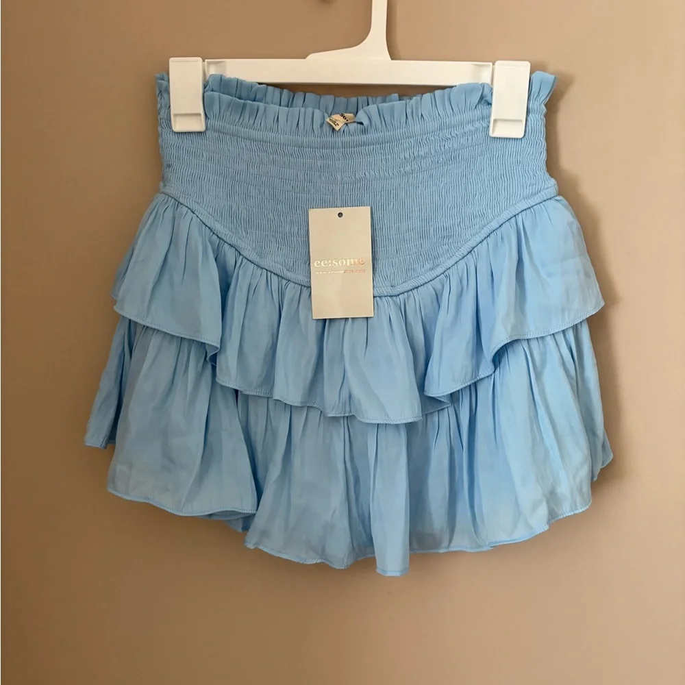 ee:some Women's Sky Blue Ruffle Mini Skirt Size S Summer Elastic Waist - Picture 2 of 5